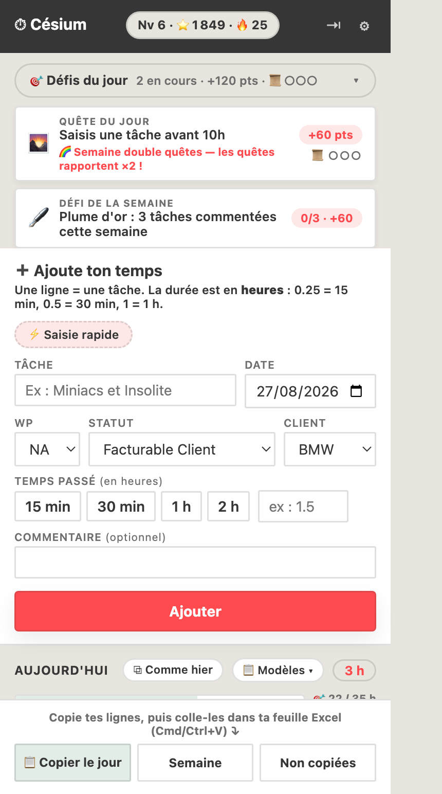 Le panneau de saisie Césium